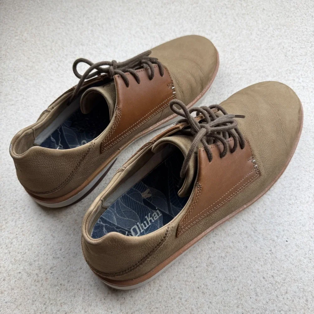OluKai Kalia Li Sneaker Mens 12 Khaki Brown Leather Lace Up 10442-3333